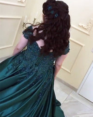 Off-The-Shoulder V-neck Satin Prom Dresses Ball Gown Lace Embroidery