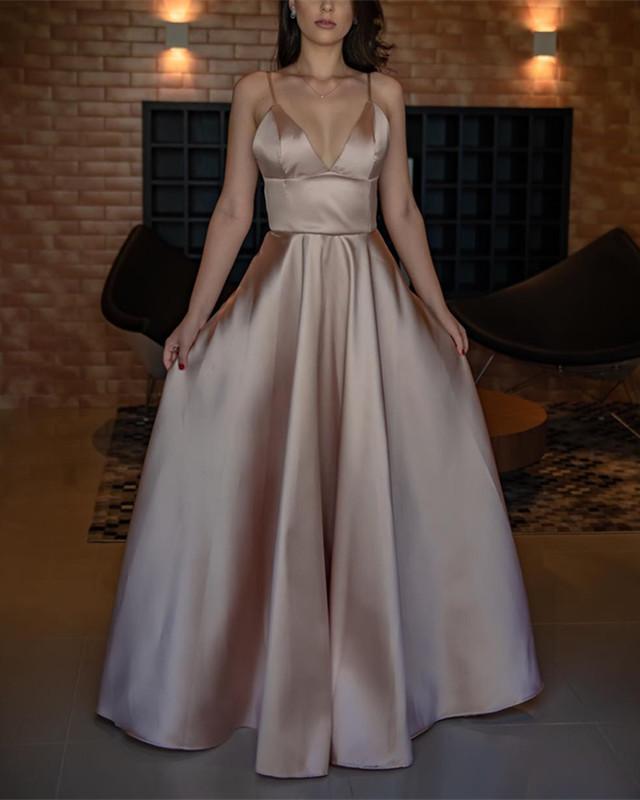 Spaghetti Straps V-neck Long Satin Prom Dresses Floor Length Evening Gowns