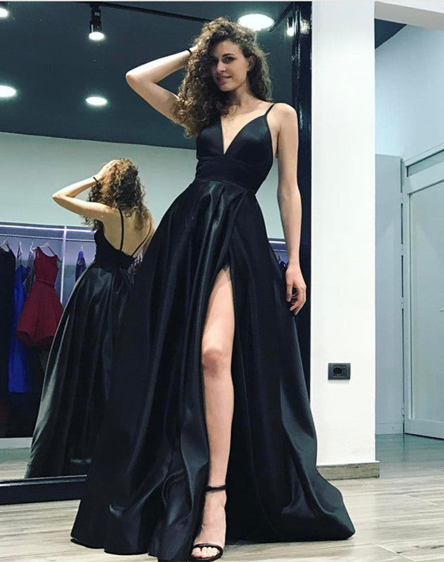 Spaghetti Straps V-neck Satin Prom Long Dresses Leg Split Evening Gowns