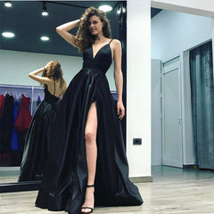 Spaghetti Straps V-neck Satin Prom Long Dresses Leg Split Evening Gowns