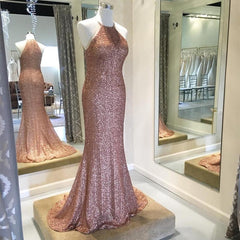 Rose Gold Sequins Halter Bridesmaid Dresses Long Mermaid Gowns