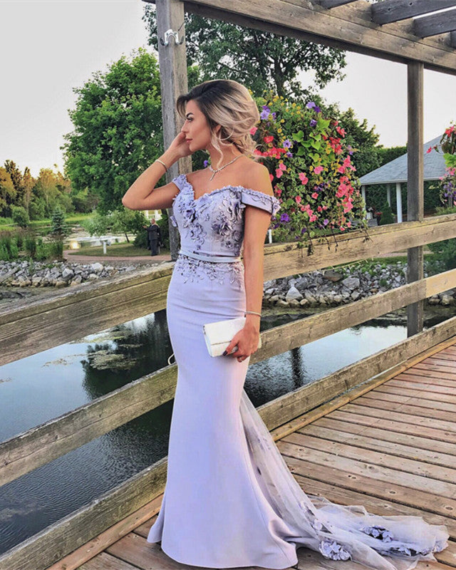 Lavender Bridesmaid Dresses Mermaid Off Shoulder Gowns Lace Flowers Applique