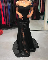 V-neck Off The Shoulder Long Satin Mermaid Formal Dresses Lace Appliques