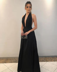 Stylish Halter Long Satin Floor Length Bridesmaid Dresses Open Back