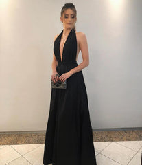 Stylish Halter Long Satin Floor Length Bridesmaid Dresses Open Back