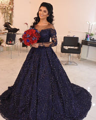 Navy Blue Satin Long Sleeves Wedding Dresses Ball Gowns With Embroidery Beaded