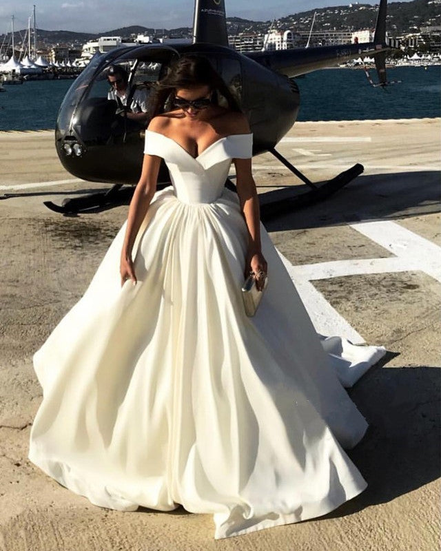 Off The Shoulder V Neck Satin Ball Gowns Wedding Dresses
