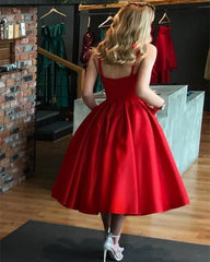 Spaghetti Straps Sweetheart Satin Ball Gowns Bridesmaid Dresses Tea Length