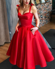 Spaghetti Straps Sweetheart Satin Ball Gowns Bridesmaid Dresses Tea Length