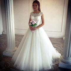 Vintage Lace Cap Sleeves Tulle Princess Wedding Dresses Ball Gowns