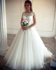 Vintage Lace Cap Sleeves Tulle Floor Length Wedding Dresses A-line