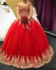 Gold Lace Appliques V-neck Tulle Quinceanera Dresses Ball Gowns Off The Shoulder