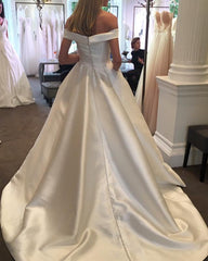 Sexy Off The Shoulder Court Train Satin Wedding Dresses For Bride