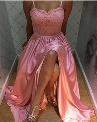 Lace Appliques Sweetheart Long Satin Prom Gowns 2018 Slit Evening Dress