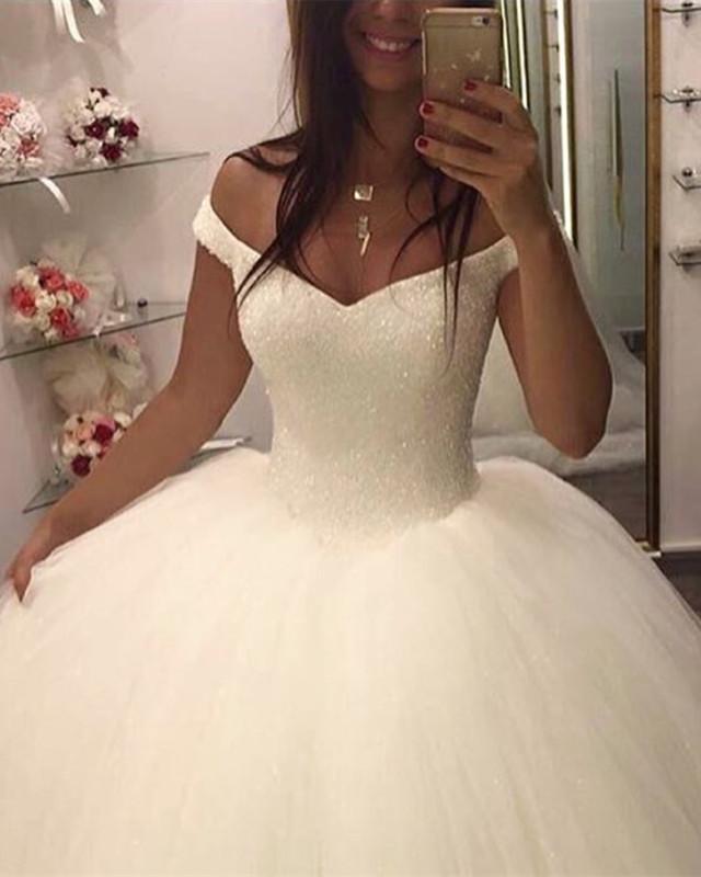 Sequins Beaded Corset Tulle Ball Gown Wedding Dresses V-neck Off The Shoulder