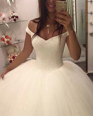 Sequins Beaded Corset Tulle Ball Gown Wedding Dresses V-neck Off The Shoulder