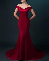 V-neck Off The Shoulder Satin Long Mermaid Bridesmaid Dresses