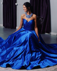 Ruched Sweetheart Royal Blue Satin Prom Dresses Ball Gowns