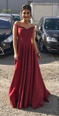 Long Satin V-neck Floor Length Evening Dress Off The Shoulder Prom Gowns