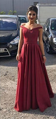 Long Satin V-neck Floor Length Evening Dress Off The Shoulder Prom Gowns