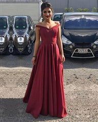 Long Satin V-neck Floor Length Evening Dress Off The Shoulder Prom Gowns