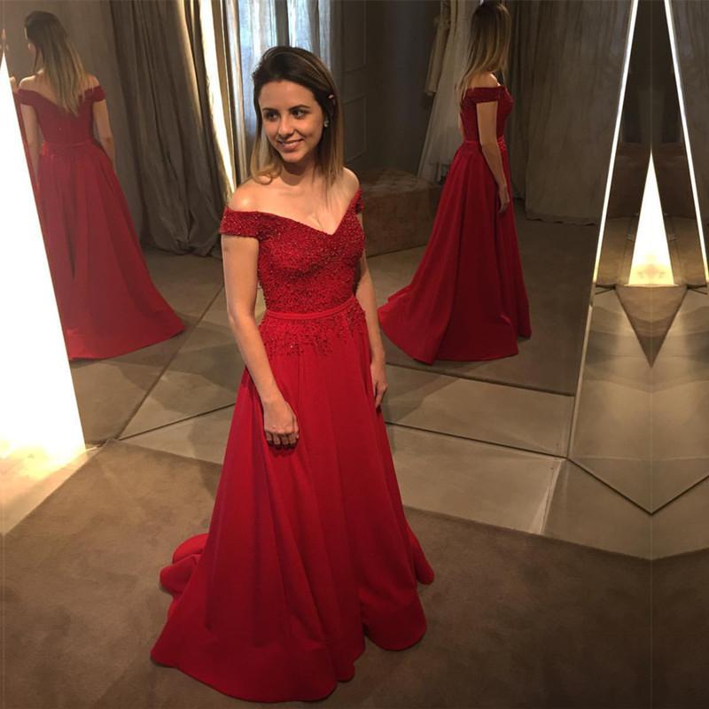 V Neck Off Shoulder Long Satin Burgundy Evening Dress