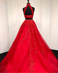 Two Piece Tulle Ball Gowns Quinceanera Dresses Beaded High Neck With Lace Embroidery