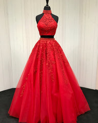 Two Piece Tulle Ball Gowns Quinceanera Dresses Beaded High Neck With Lace Embroidery