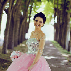 Illusion Long Sleeves Pink Tulle Wedding Dresses Crystal Beaded