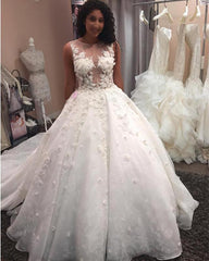 Vintage Illusion Neckline Lace Wedding Dresses Ball Gowns
