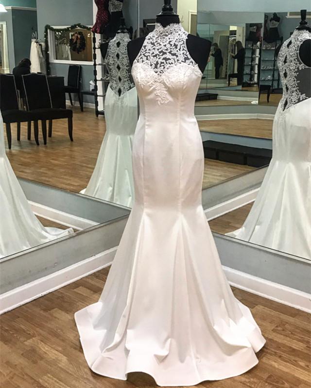 Vintage Lace Halter Satin Mermaid Fitting Wedding Dresses 2018
