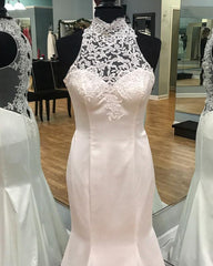 Vintage Lace Halter Satin Mermaid Fitting Wedding Dresses 2018