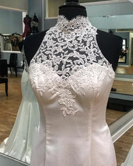 Vintage Lace Halter Satin Mermaid Fitting Wedding Dresses 2018
