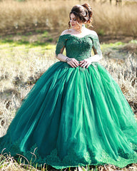 Lace Off The Shoulder Tulle Ball Gown Wedding Dresses Green