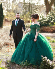 Lace Off The Shoulder Tulle Ball Gown Wedding Dresses Green