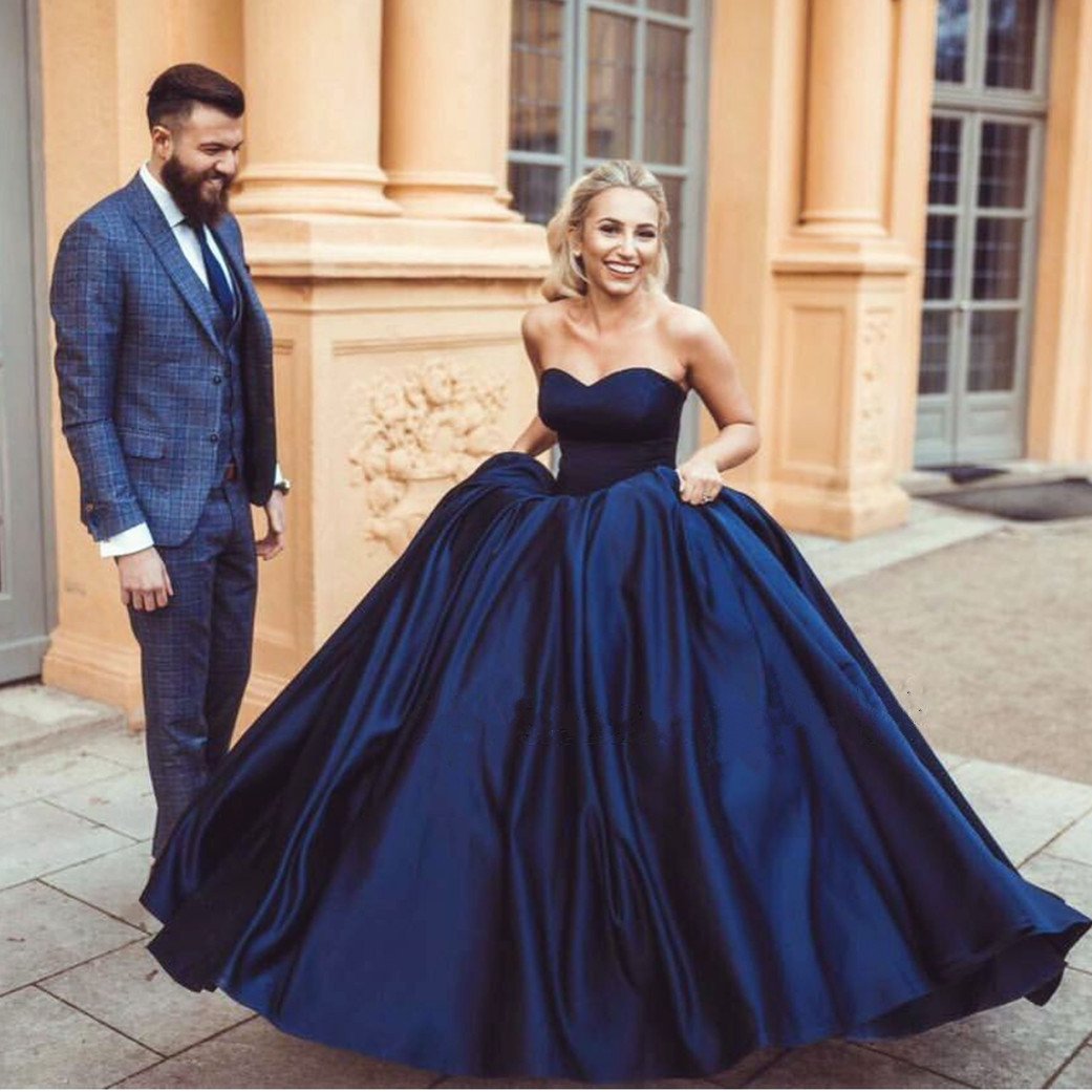navy blue sweetheart ball gowns satin wedding dresses 2019
