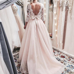 Modest 3/4 lace Sleeves Bow Back Tulle Princess Wedding Dresses 2018
