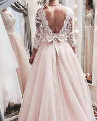 Modest 3/4 lace Sleeves Bow Back Tulle Princess Wedding Dresses 2018
