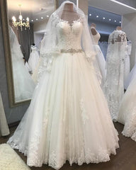 A-line Crystal Beaded Sashes Lace Appliques Long Sleeves Tulle Wedding Dresses