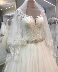 A-line Crystal Beaded Sashes Lace Appliques Long Sleeves Tulle Wedding Dresses