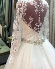 A-line Crystal Beaded Sashes Lace Appliques Long Sleeves Tulle Wedding Dresses