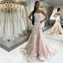 Sexy Strapless Champagne Mermaid Wedding Dresses Ivory Lace Appliques