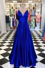 Spaghetti Straps V-neck Long Satin Prom Dresses Floor Length Evening Gowns