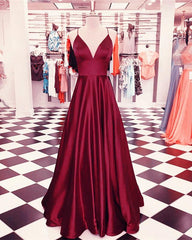 Spaghetti Straps V-neck Long Satin Prom Dresses Floor Length Evening Gowns