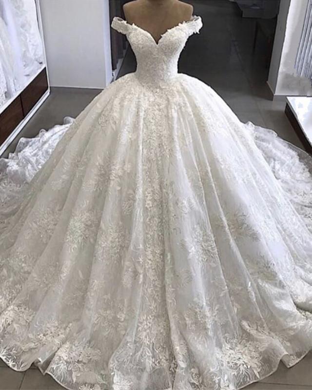 V-neck Off The Shoulder Ball Gown Wedding Lace Dresses