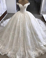 V-neck Off The Shoulder Ball Gown Wedding Lace Dresses
