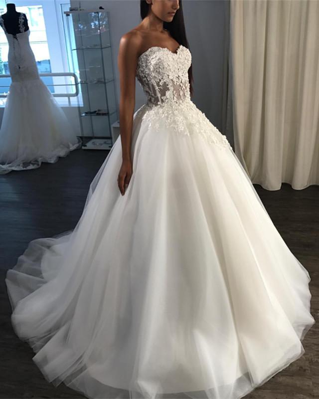 Lace Appliques Sweetheart See Through Corset Tulle Wedding Dresses