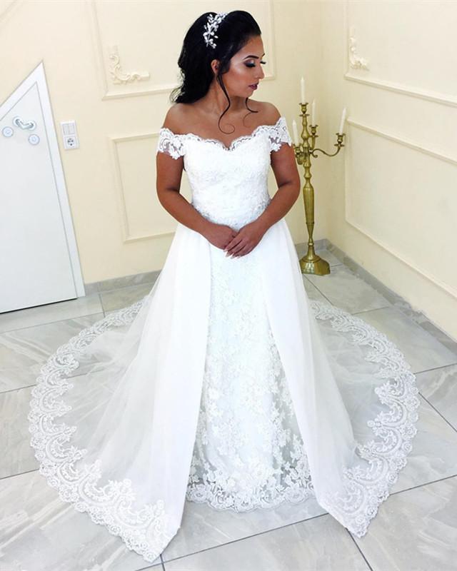 Elegant Lace V-neck Off The Shoulder Tulle Sweep Train Wedding Dresses 2018