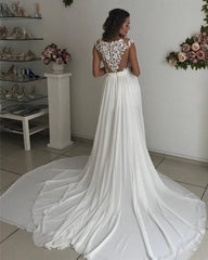 Leg Split Ivory Chiffon Sweep Train Lace Appliques Beach Wedding Dresses