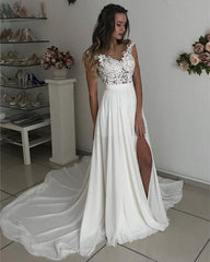Leg Split Ivory Chiffon Sweep Train Lace Appliques Beach Wedding Dresses